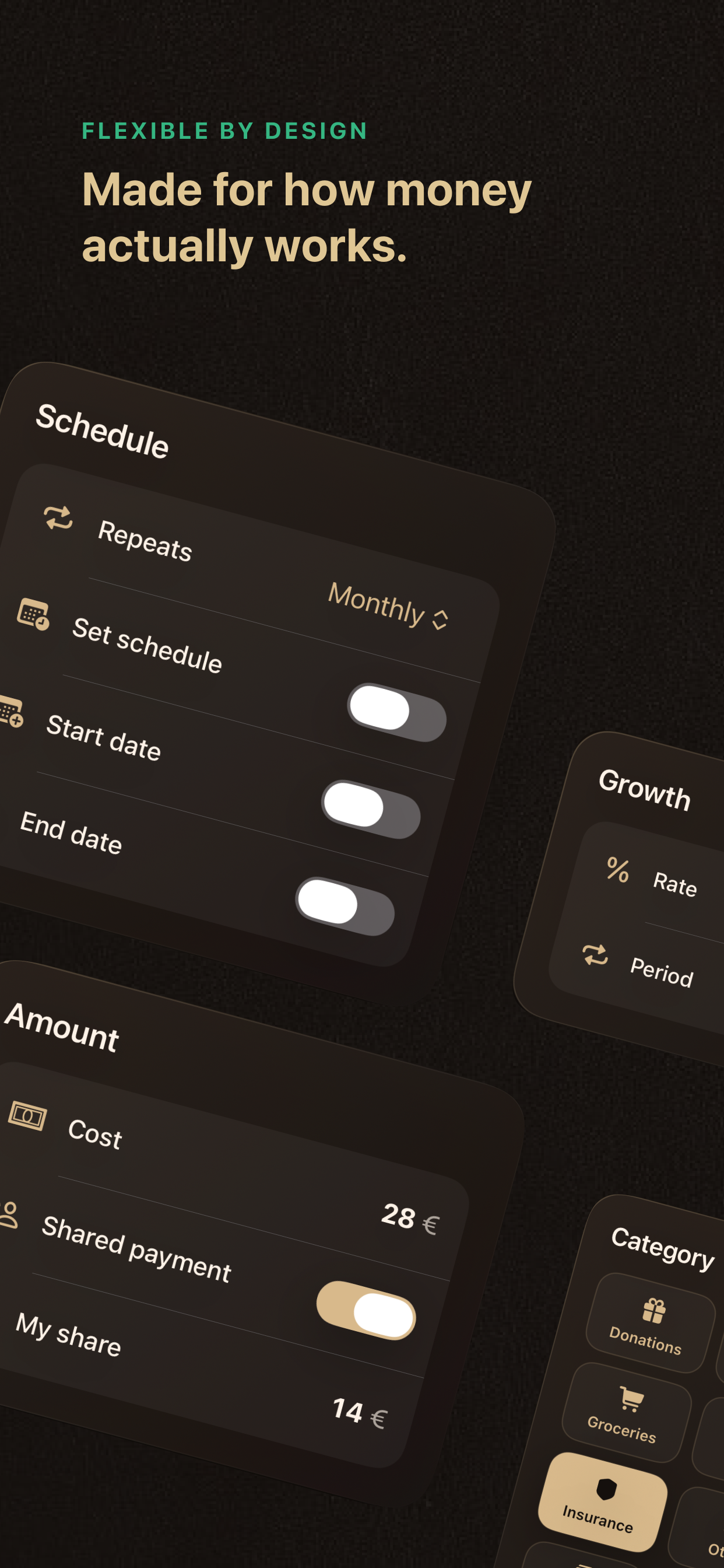 Payment schedules, expected growth, shared costs, and custom categories